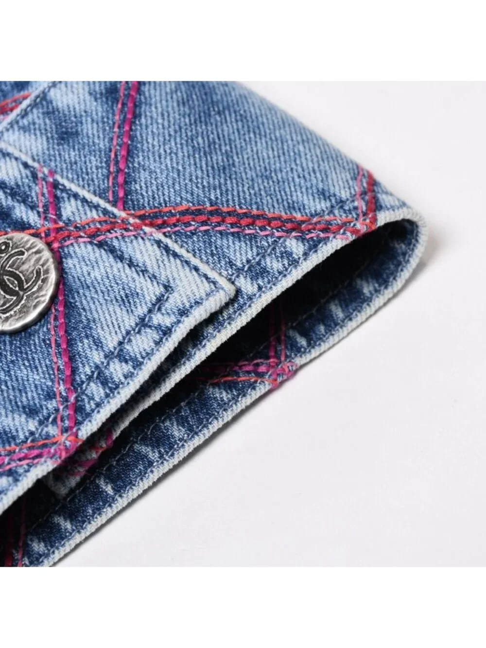 Chanel Collarless Denim Jacket CC Logo Stitch Blue